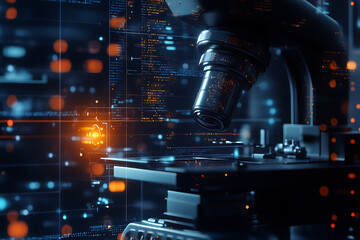 image of a medical microscope, symbolizing precision, scientific research, and advancements in healthcare technology with modern data connections