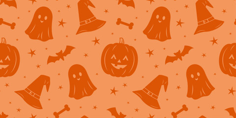 seamless pattern with halloween elements,pumpkin,hat,ghost,bat on orange background, design for textile,wrapping paper, banner,background,print