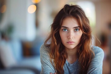 Fototapeta premium A woman is depressed, sitting confused at home