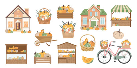 Set of autumn decorative elements with pumpkins. Houses, street stalls, boxes, basket and wheelbarrow with pumpkins. Collection of cute illustrations