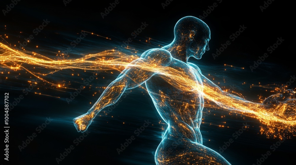 Poster a digital rendering of a man running, made of blue and gold particles, in a dark void.