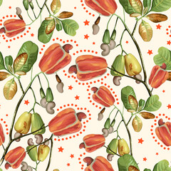 Cashew leaf. Palm tree. Star tropical pattern vector. Illustration watercolor.