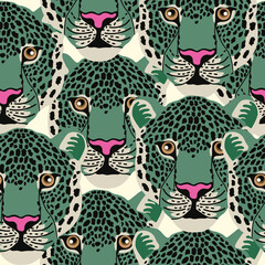 Leopard animal print pattern. Green vintage illustration. Seamless vector.