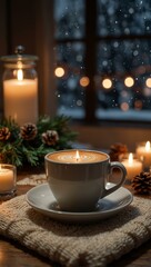 A cozy winter coffee moment filled with festive decorations and warm lights.