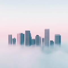 Fototapeta premium Misty cityscape, tall buildings fading into fog, 3D illustration