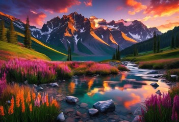 stunning mountainous landscape sunrise breathtaking colors dramatic hues filling sky above tall majestic peaks, allure, ambience, backdrop, calm, canopy