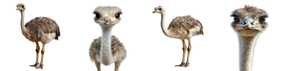 A curious ostrich with long legs isolated on white and transparent background