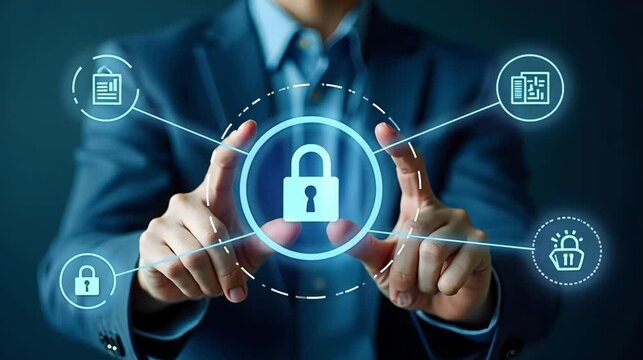 Businessman Holding Digital Lock Icon for Cybersecurity and Data Protection