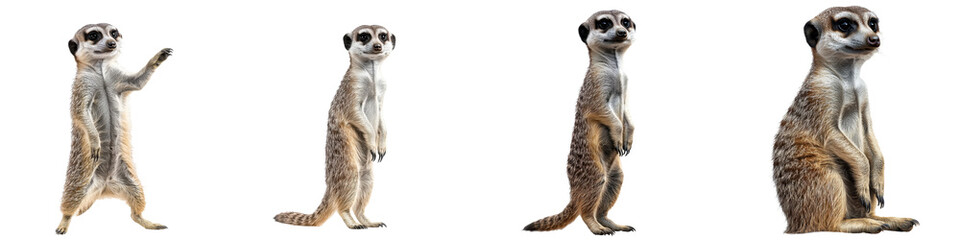 A playful meerkat standing on hind legs isolated on white and transparent background