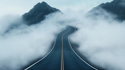 Mountain pass covered in fog, winding road ahead, 3D illustration