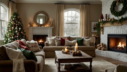 A festive winter living room adorned with Christmas decorations.