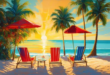 vibrant beach scene colorful lounge clear blue water creating lively summer atmosphere, chair, sand, sun, sky, umbrella, towel, sea, shore, relaxation