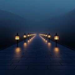 Obraz premium Pathway lined with lanterns in fog, glowing softly, 3D illustration
