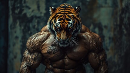 Fototapeta premium Muscular man with the head of an tiger epic combination background wallpaper AI generated image