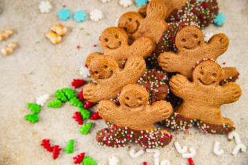Gingerbread man ginger cookies christmas party delicious dessert christmas treat fresh delicious gourmet food background on the table rustic copy space top view