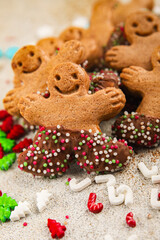 Gingerbread man ginger cookies christmas party delicious dessert christmas treat fresh delicious gourmet food background on the table rustic copy space top view