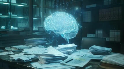 A glowing AI brain hovers over a cluttered desk filled with grant applications and financial documents in a dimly lit office