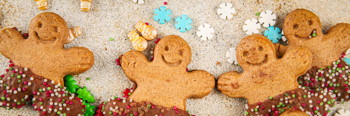 Gingerbread man ginger cookies christmas party delicious dessert christmas treat fresh delicious gourmet food background on the table rustic copy space top view
