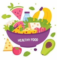 healthy food featuring the text "HEALTHY FOOD" on a white background, a purple bowl filled with a colorful assortment of salad and fruits, including cheese, a watermelon slice, a banana, a milk bottle