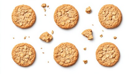 Set of cookies isolated Whole oatmeal cookies and broken pieces top view on a white background