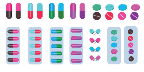multicolor pill capsule, medications in different sizes and shapes,Pills, tablets and medicine drugs