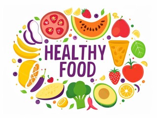flat logo of healthy food featuring the text "HEALTHY FOOD" on a white background. The design utilizes bright colors to represent a variety of nutritious foods, promoting wellness and healthy eating
