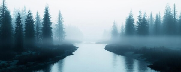 Fototapeta premium Serene river crossing through foggy forest, enchanting mood, 3D illustration