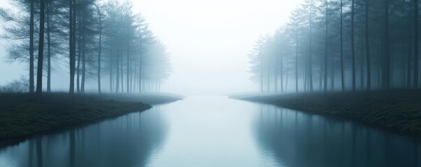 Serene river crossing through foggy forest, enchanting mood, 3D illustration
