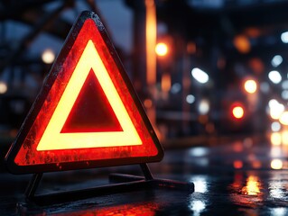 A wet surface reflects a bright red warning triangle, signaling caution. The atmosphere feels tense and alert.