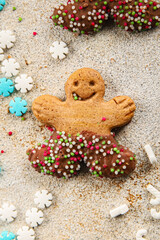 Gingerbread man ginger cookies christmas party delicious dessert christmas treat fresh delicious gourmet food background on the table rustic copy space top view