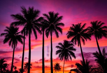 Naklejka premium vibrant palm tree silhouettes tropical design projects featuring exotic styles lush scenery sunset hues, nature, leaf, landscape, flora, shadow, graphic, art