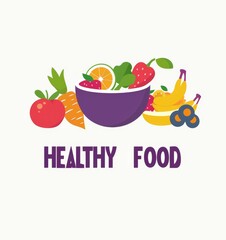 flat logo of healthy food featuring the text "HEALTHY FOOD" on a white background. The design utilizes bright colors to represent a variety of nutritious foods, promoting wellness and healthy eating