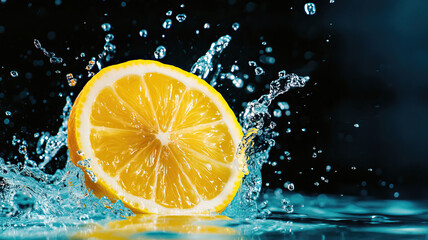 Fresh lemon slice splashing into water, surrounded by droplets, creating a refreshing and vibrant scene.