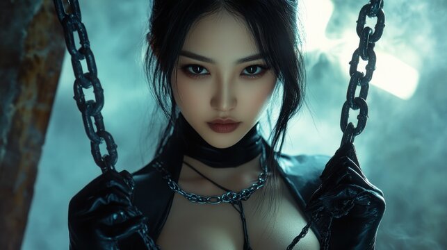 Asian woman beautiful model in a black witch costume is shackled in chains background wallpaper AI generated image
