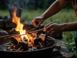 A hand turns skewers over an open flame, capturing the joy of communal outdoor cooking.