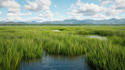 Lush green marshland with water bodies under a vibrant blue sky, mountains in the background on a bright, sunny day.