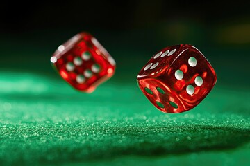 Two red dice rolling on a green felt surface, capturing the excitement of chance and gaming.