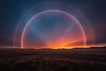 Vibrant sunset landscape with a magnificent arc of colors in the sky, creating a breathtaking view of nature's beauty.