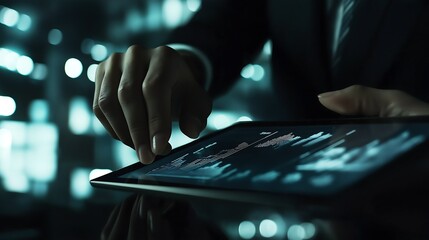 Fototapeta premium Businessperson presenting data on a tablet while negotiating a financial contract, tech-assisted negotiation, digital presentation in negotiations.