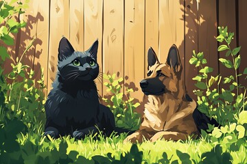 Cute cat and dog sitting together in peaceful nature scene, surrounded by green grass and flowers, smiling happily, new beautiful stock image illustration AI