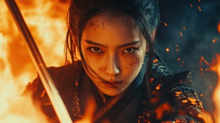 The action of an Asian female samurai with a beak blazing around looks dramatic background wallpaper AI generated image