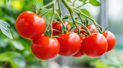 Fresh, vibrant red tomatoes hanging from green vine, showcasing beauty of organic agriculture. These plump fruits symbolize healthy, plant based produce
