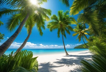 Fototapeta premium lush vibrant tropical palm leaves forming framing canopy calm serene beach landscape under clear blue sky, palms, ocean, sand, nature, holiday, summer