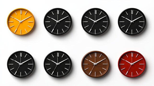 Time Flies: A collection of diverse, minimalist clocks in black, yellow, brown, and red, against a white background. Each clock showcases a unique aesthetic, perfect for conveying time, deadlines.