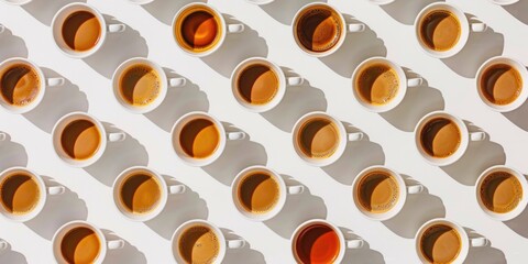 top view of coffee cups drinks design concept white background