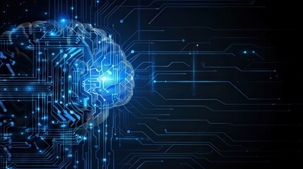 A blue digital brain floating on an intricate circuit board background, symbolizing artificial intelligence and technology.