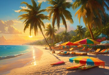 Naklejka premium lush tropical landscapes vibrant beach essentials featuring palm clear sandy colorful beach accessories, shore, trees, water, island, sunset, ocean