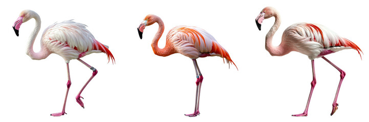 Obraz premium A flamingo with pink feathers standing on one leg isolated on white and transparent background
