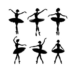 Vector of a black silhouettes of ballerina women performing the show on stage, dancing on pointe, arms extended above her head