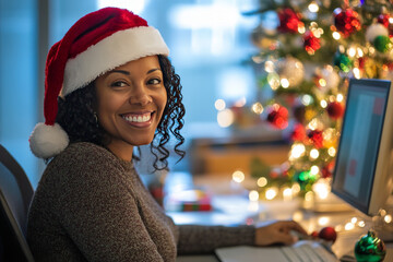 Christmas and New Year portrait of smiling African American female freelancer wearing Santa hat working on computer in a decorated office, content creators, remote workers, and digital marketers